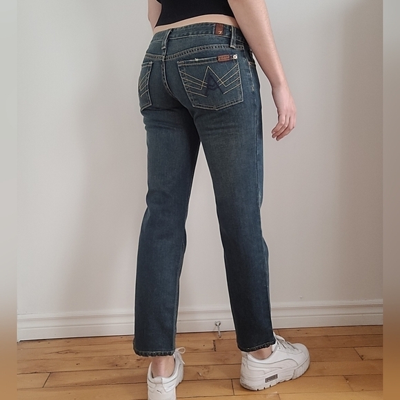 7 FOR ALL MANKIND MADE IN USA BLUE DISTRESSED STRAIGHT LEG LOW RISE DENIM JEANS - Picture 3 of 4